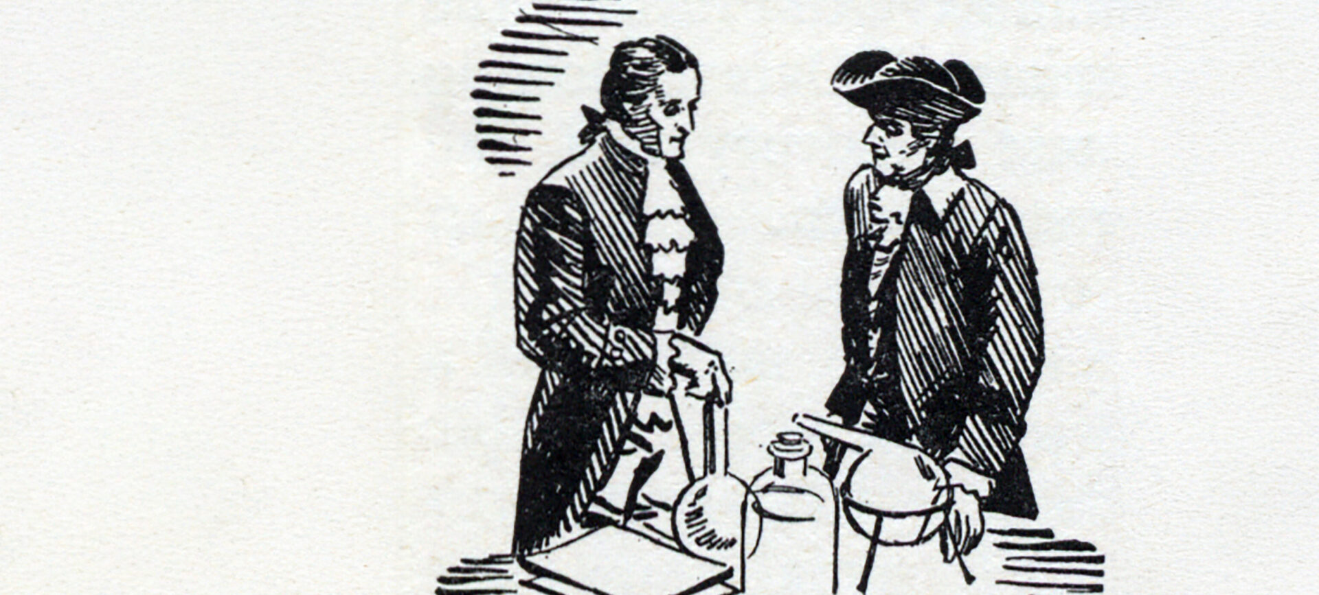 ink drawing of men with apparatus