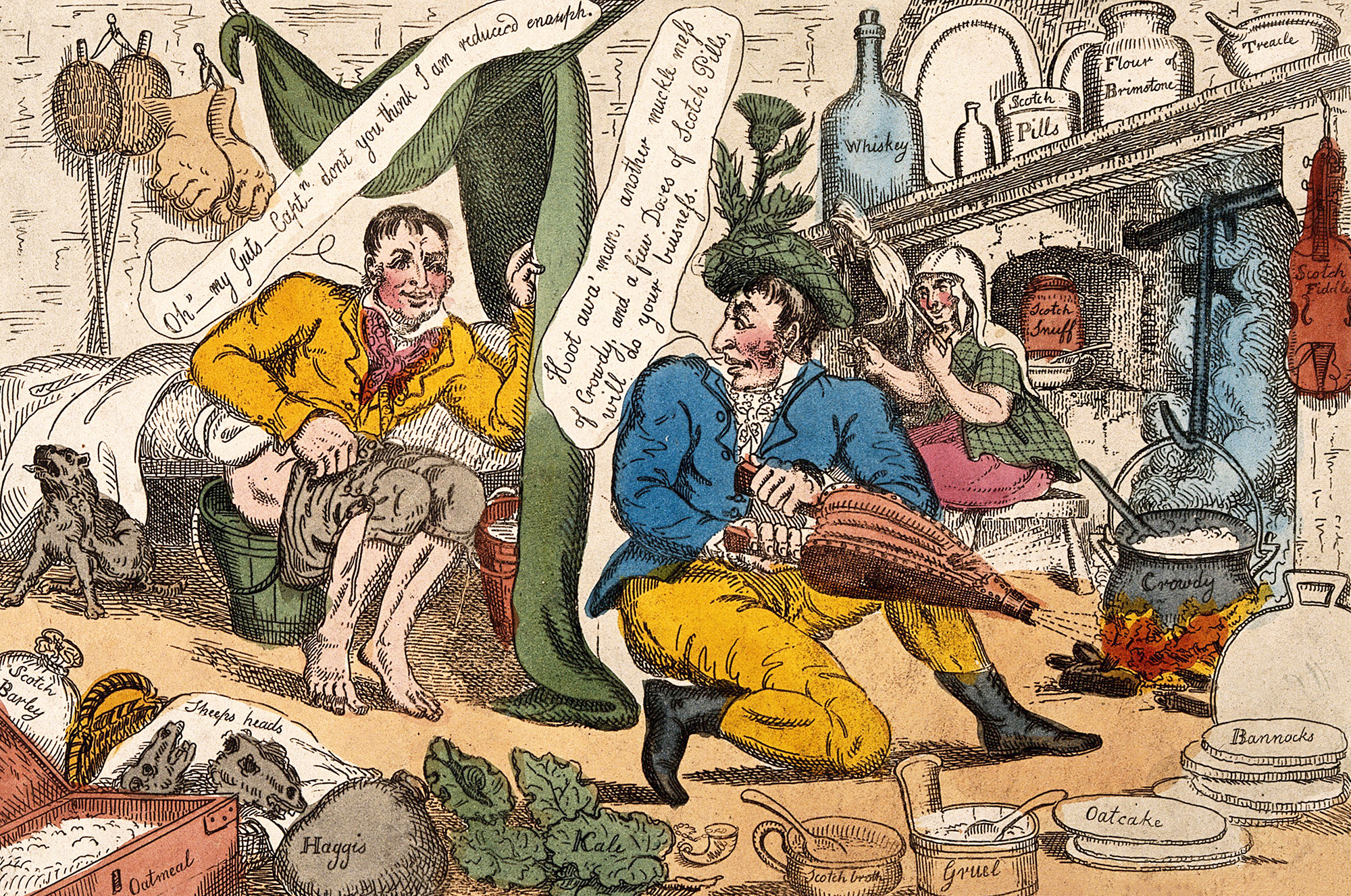 Illustration of two men and a woman in a kitchen surrounded by food items. One man is sitting on a toilet, while the other is operating a bellows in front of a fireplace. A pot marked “Crowdy” is cooking over the fire.