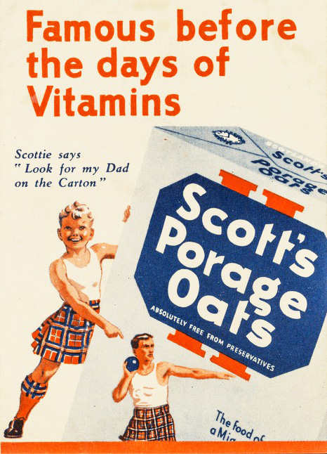 Illustration of a boy in a kilt pointing to a box of oats. Large text above the box reads: “Famous before the days of Vitamins.”