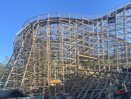 photo of a tall wooden roller coaster