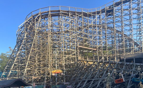 photo of a tall wooden roller coaster