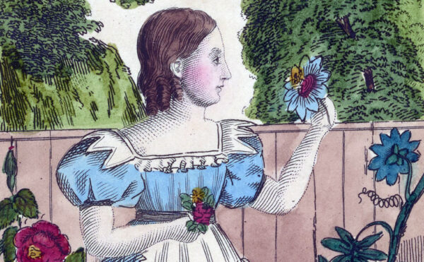 illustration of a young woman in apron examine a flower