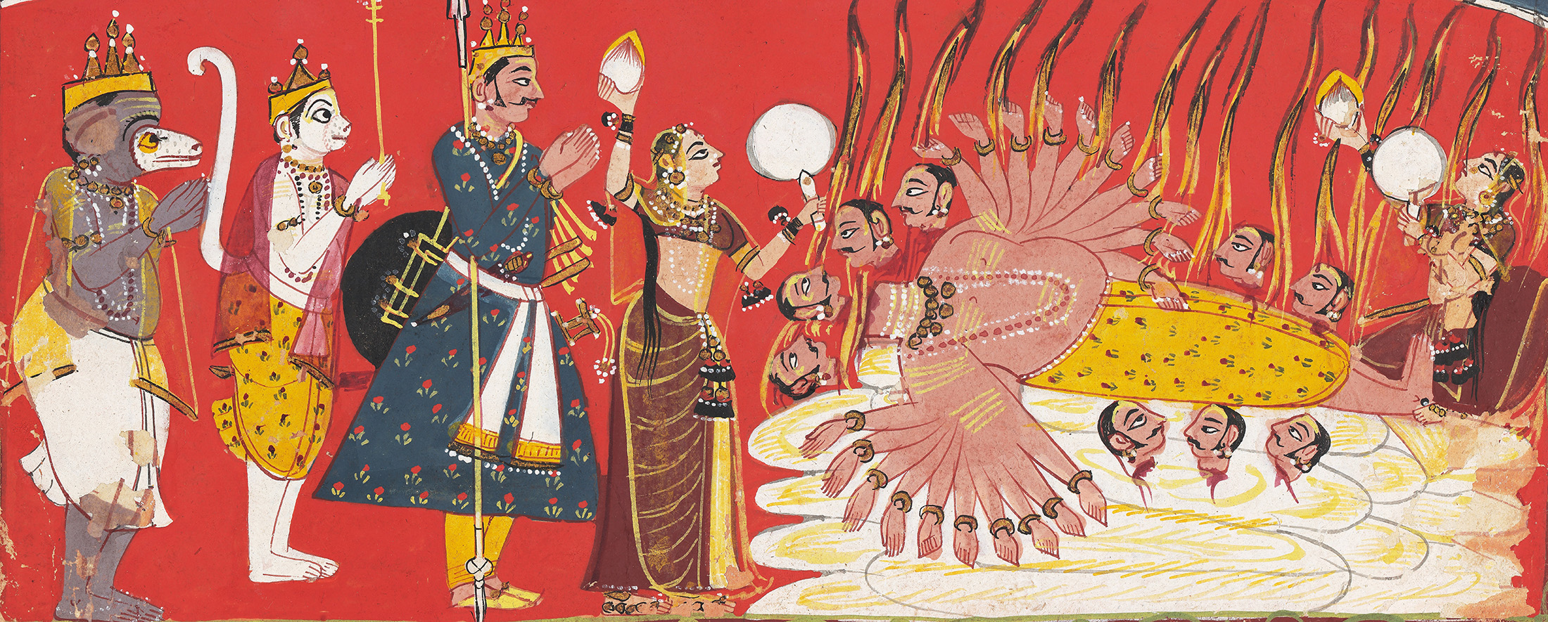 The body of a decapitated, many-headed figure lies on burning logs while human and animal characters perform funerary rites.