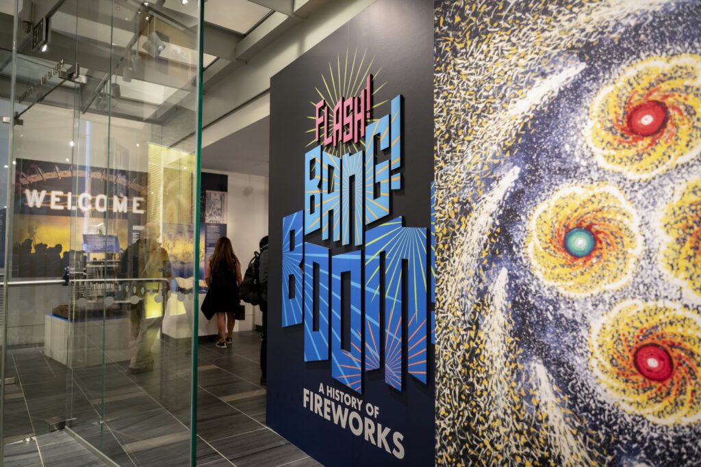 view of the entrance to the Flash! Bang! Boom! fireworks exhibition at the Science History Institute