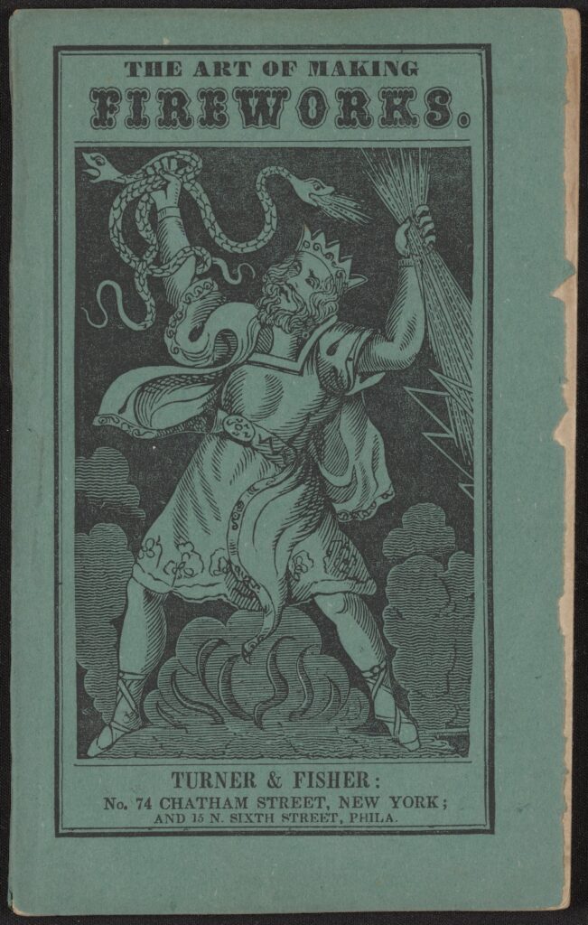 A vintage book cover titled "The Art of Making Fireworks" featuring an illustrated figure with a snake and a torch.