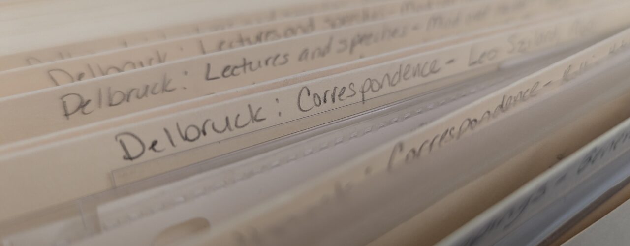 A folder containing correspondence between Max Delbrück and Leo Szilard, from the History of Molecular Biology Collection