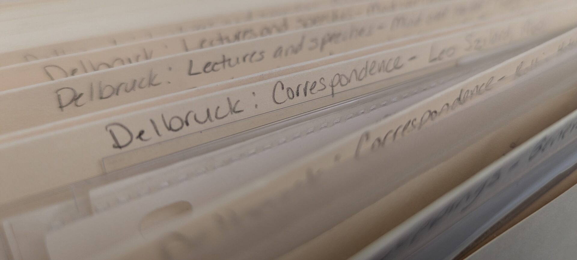 A folder containing correspondence between Max Delbrück and Leo Szilard, from the History of Molecular Biology Collection