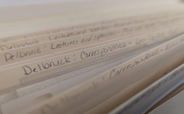 A folder containing correspondence between Max Delbrück and Leo Szilard, from the History of Molecular Biology Collection