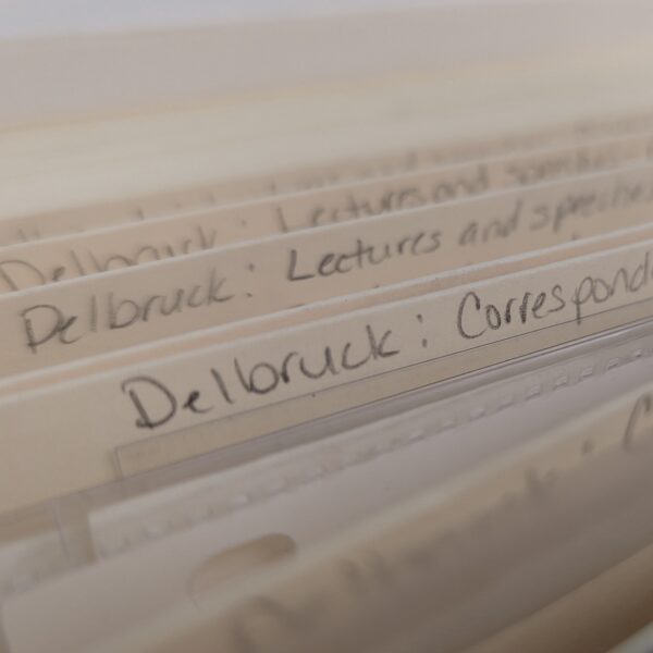 A folder containing correspondence between Max Delbrück and Leo Szilard, from the History of Molecular Biology Collection