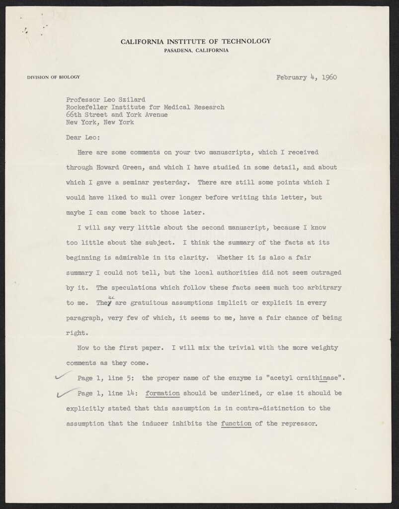 Page from a 1960 letter from Max Delbrück to Leo Szilard