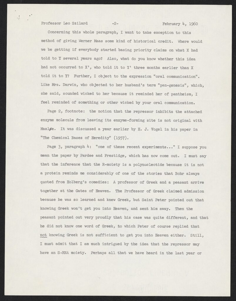 Page from a 1960 letter from Max Delbrück to Leo Szilard