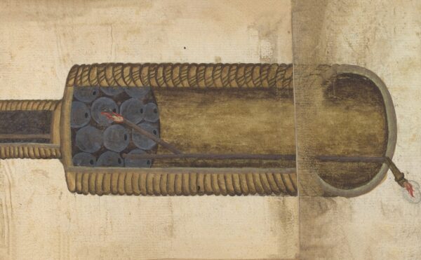 A drawing illustrating the cross-section of an ancient cannon or firework device, connected to the history of fireworks.