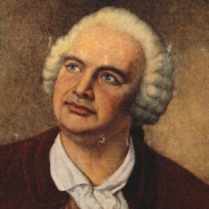 color portrait of a man seated holding a quill pen and paper