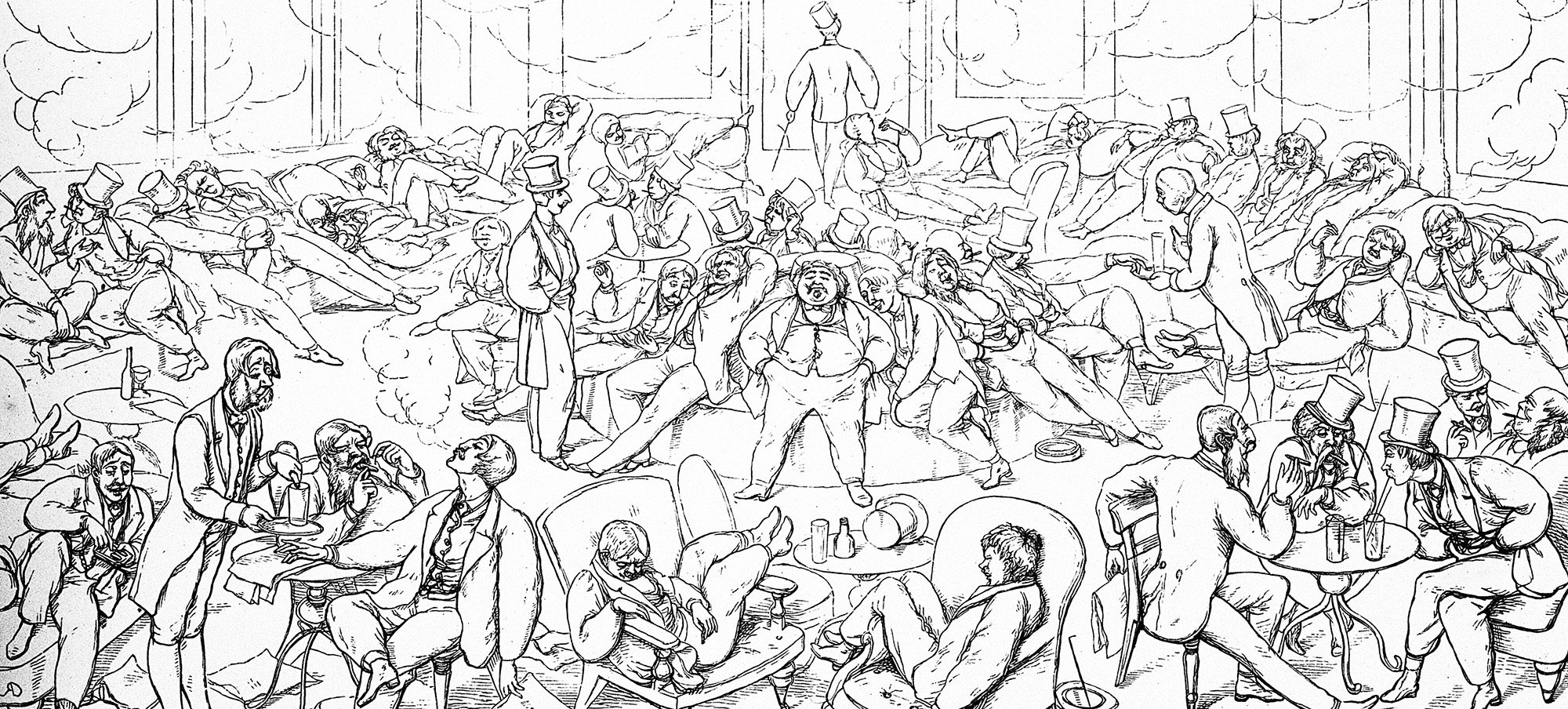 Illustration of a group of men smoking, drinking, and lounging.