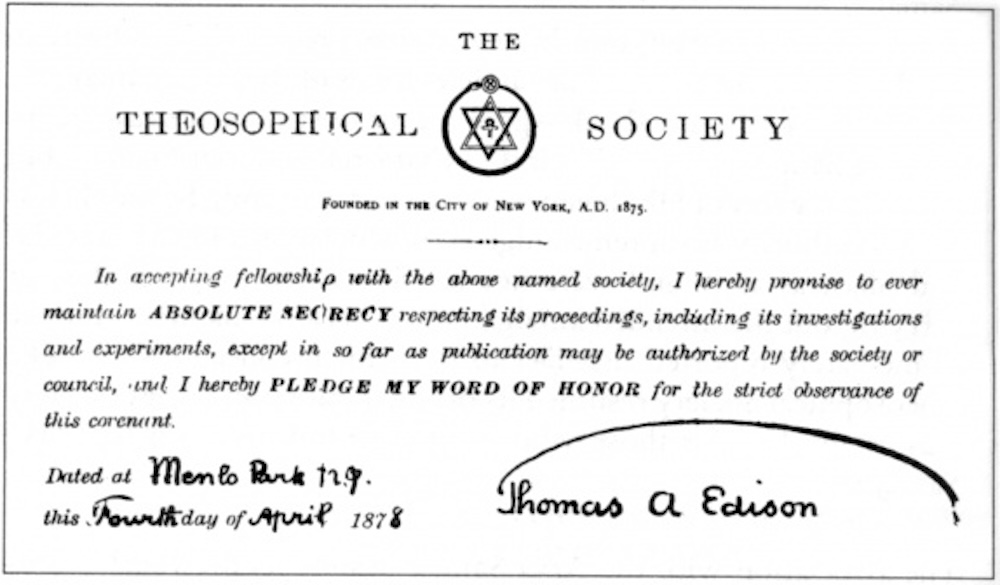 Thomas Edison’s 1878 pledge to secrecy as part of his membership to the Theosophical Society