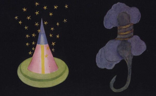 colorful illustrations depicting “thought-forms” made visible through clairvoyance captured from two mourners