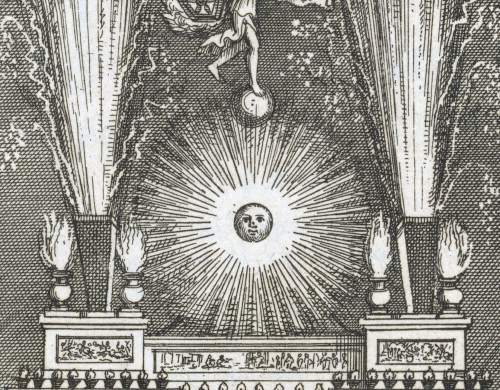 etching of fireworks over architectural details