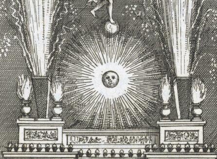 etching of fireworks over architectural details