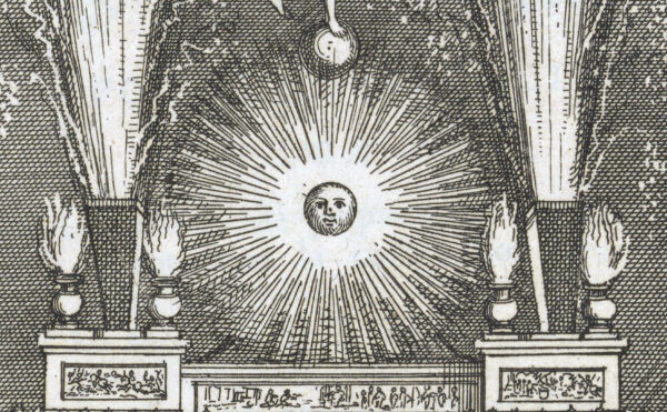 etching of fireworks over architectural details