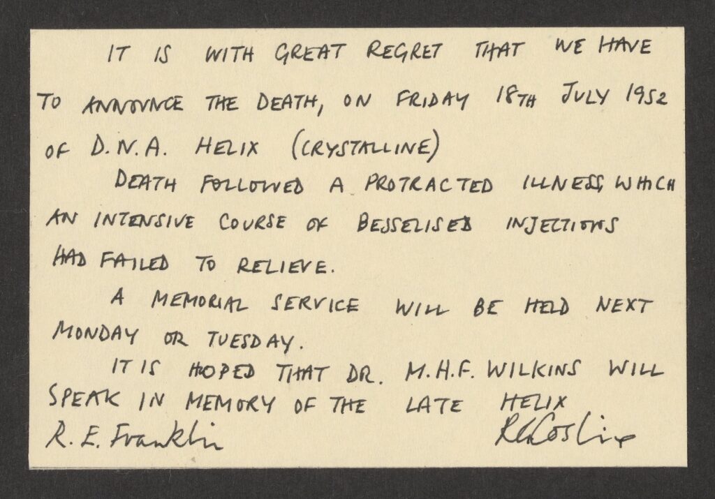 handwritten note card signed by Rosalind Franklin