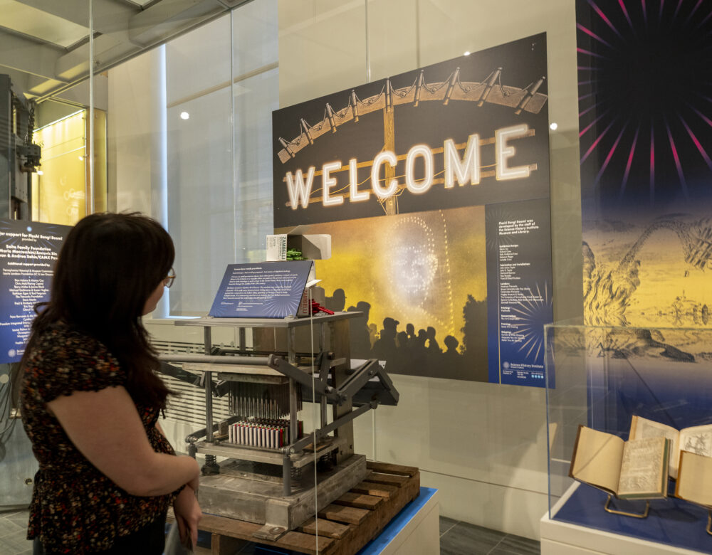 visitor viewing fireworks history exhibition