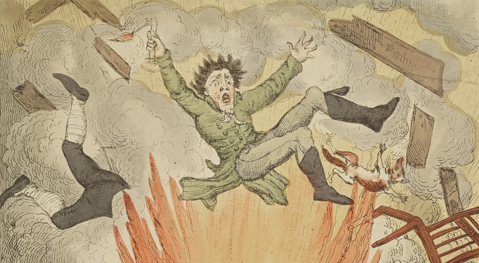 Illustration of two men, a cat, a chair, and several floorboards being thrown into the air by a fiery explosion