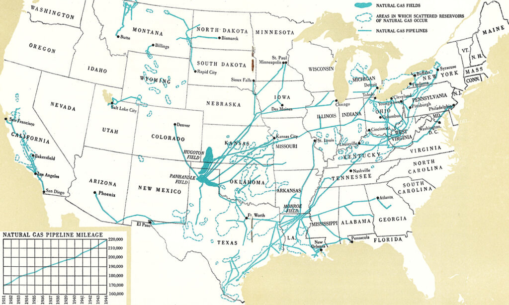 Map of the contiguous United States with blue lines and shapes