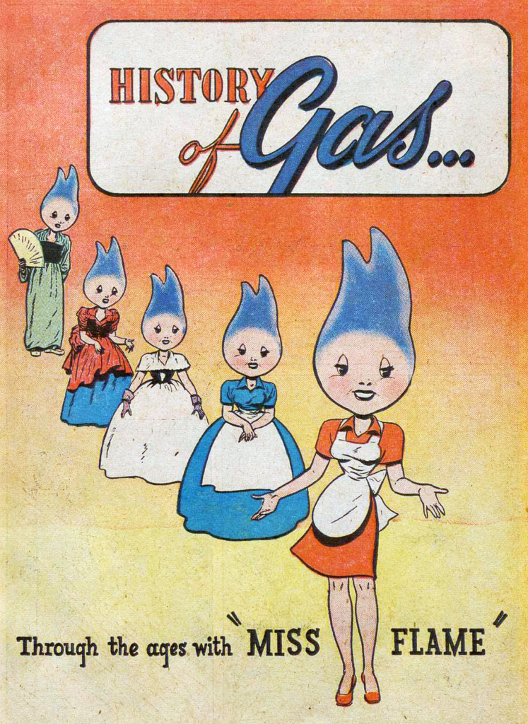 Cover page featuring five cartoon women with blue flames for hair dressed in various historical costumes. The subtitle reads: “Through the ages with ‘Miss Flame’”