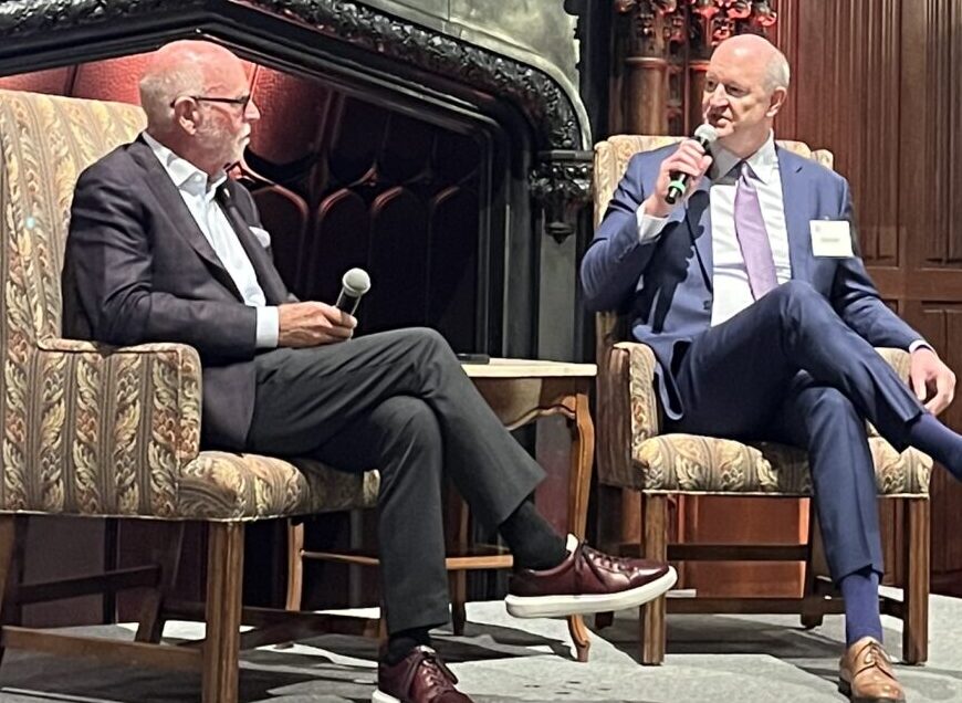 J. Craig Venter (left) and Institute president and CEO David Cole (right) during a fireside chat at the annual Bay Area Life Sciences Pioneers Dinner, October 2025