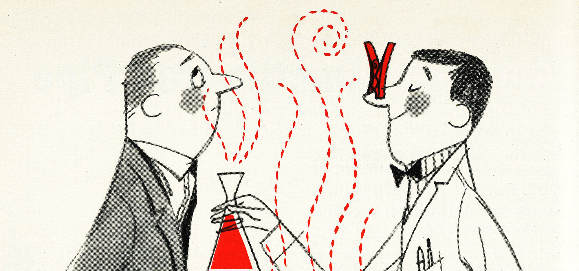 Cartoon of two men surrounded by vapors emanating from a beaker filled with red liquid. The man holding the beaker has a clothespin on his nose. The other man is smelling the beaker