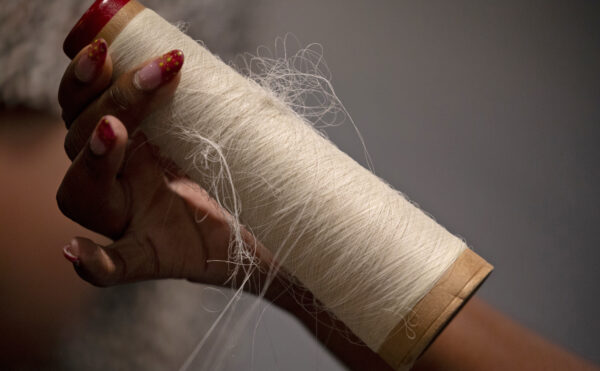 hand with manicured nails holding nylon thread in a spool
