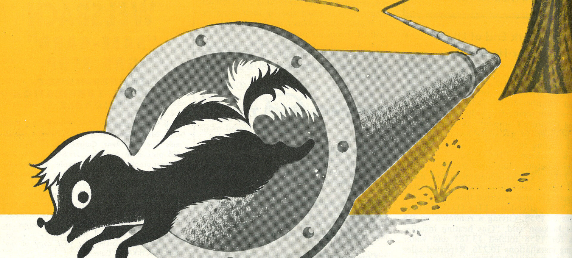 A cartoon skunk running out of a gas pipe in a rural environment
