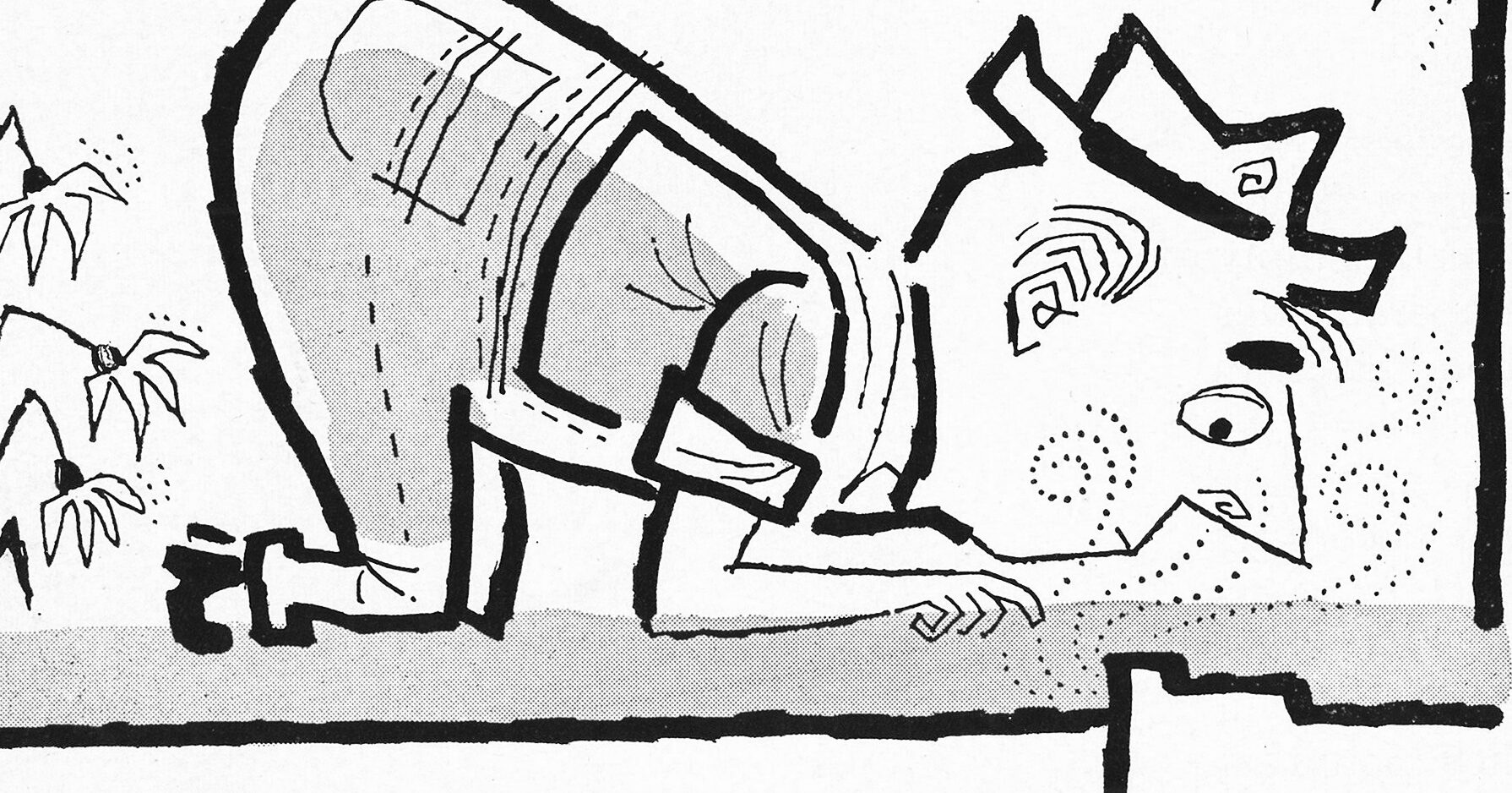 Black and white cartoon of a man on his hands and knees smelling odor coming from a gas pipe