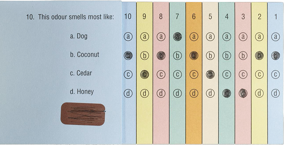 Multicolored rectangular booklet with a printed multiple-choice question and a brown patch. The text reads: “This odour smells most like: a. Dog b. Coconut c. Cedar d. Honey”