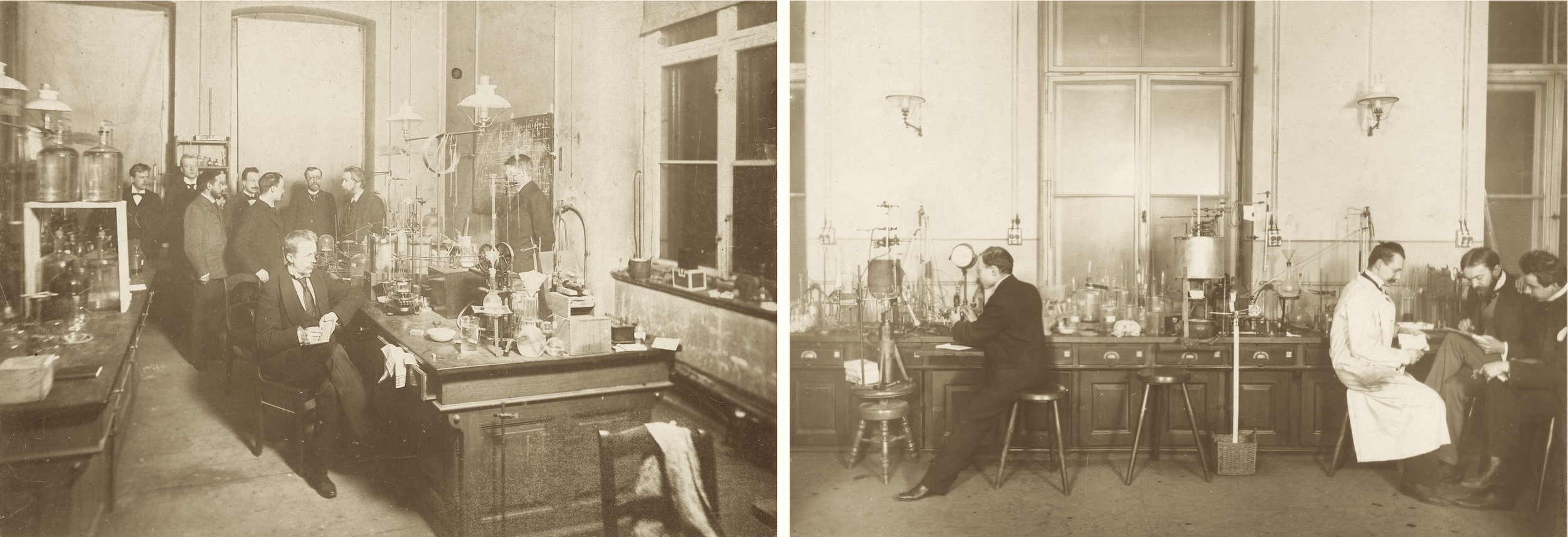 sepia-toned photo compilation of men in labs wearing suits and lab coats