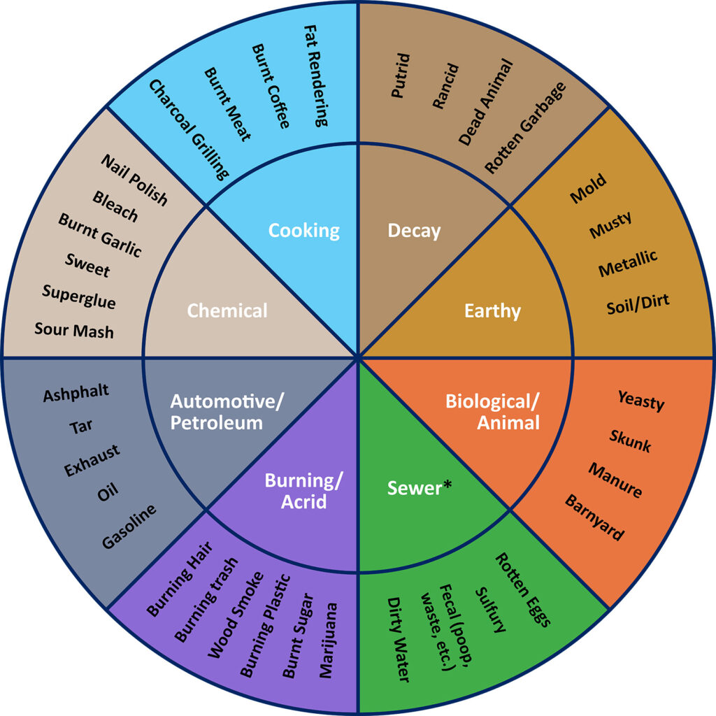A multicolored circular diagram of unpleasant smell types