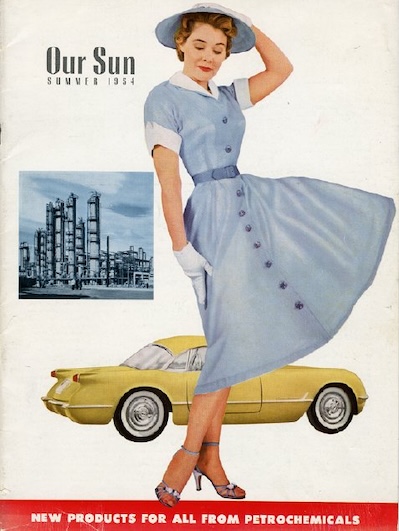 magazine cover featuring a woman in a dress in front of a yellow car