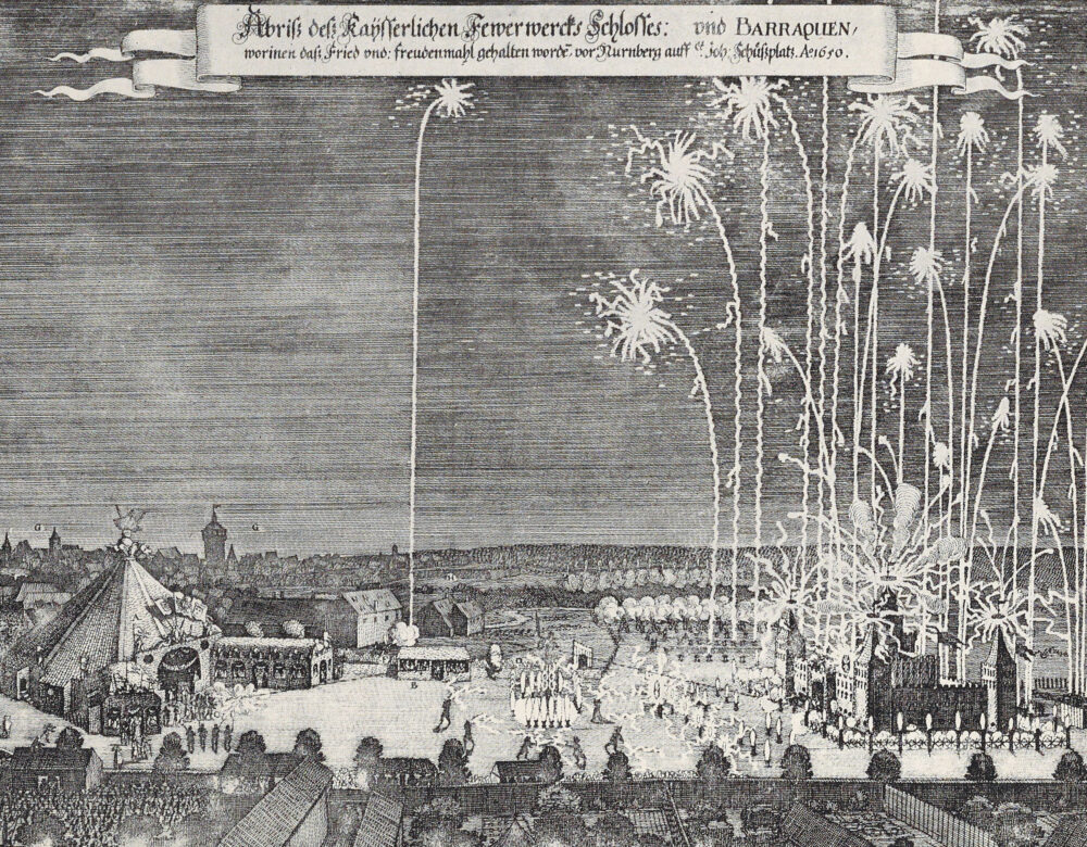 engraved print of a fireworks show in a book