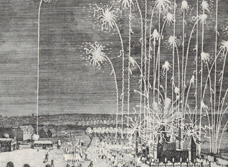 engraved print of a fireworks show in a book