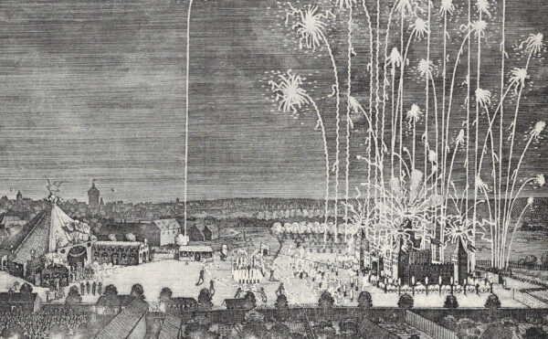 engraved print of a fireworks show in a book