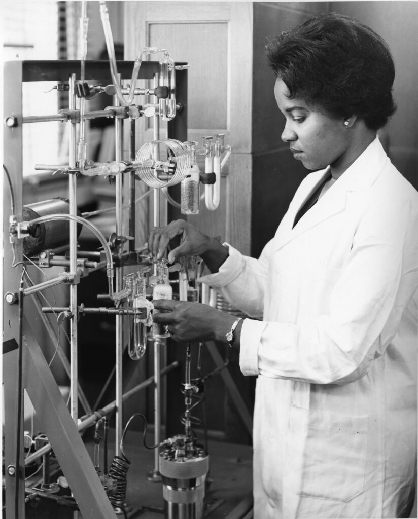 Reatha Clarke King in a lab coat in the 1960s