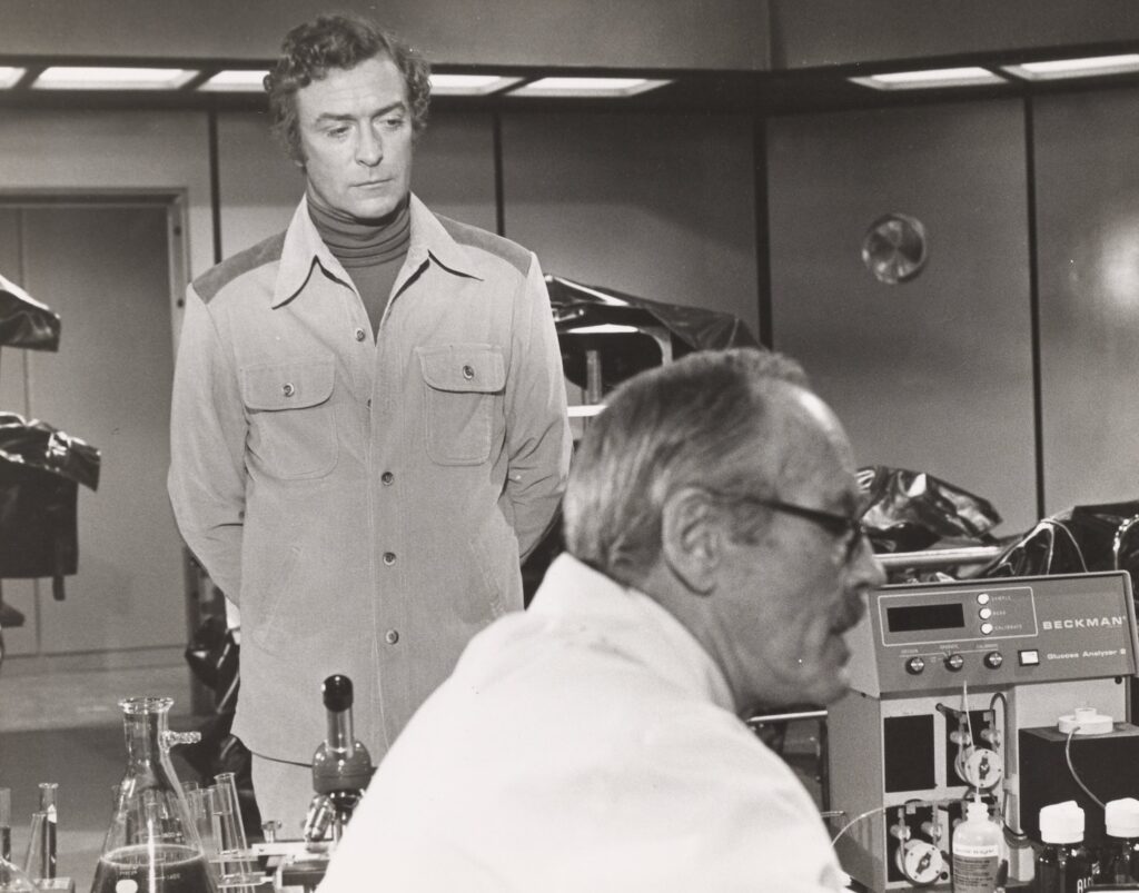 Actors Michael Caine and Henry Fonda on the set of the 1978 film The Swarm
