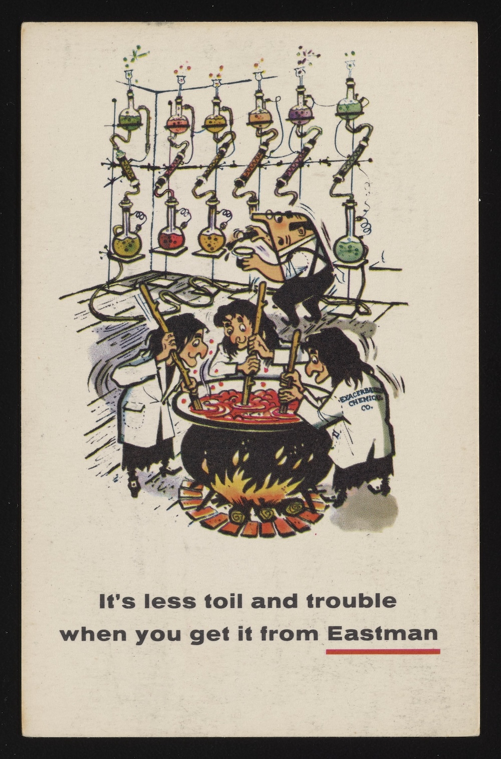 postcard depicting 3 witches dressed in lab coats stirring a cauldron