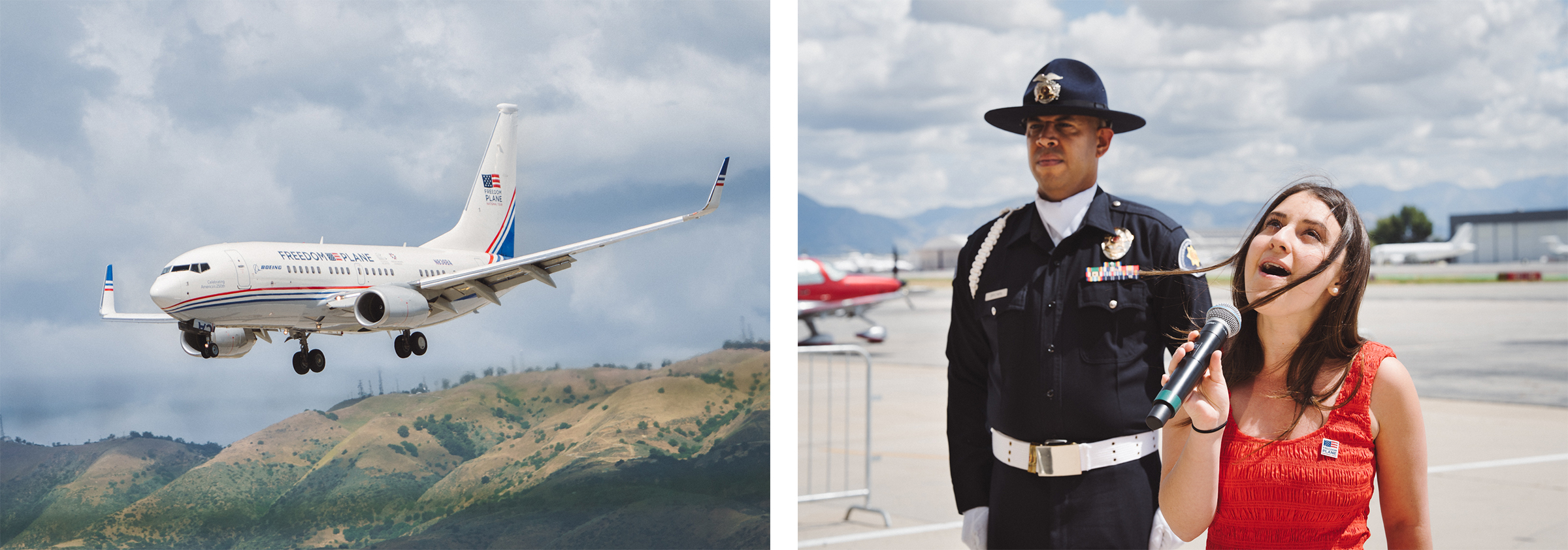 Two photos: Left, a 737 jet landing; right, a woman singing on tarmac with a man in uniform behind her