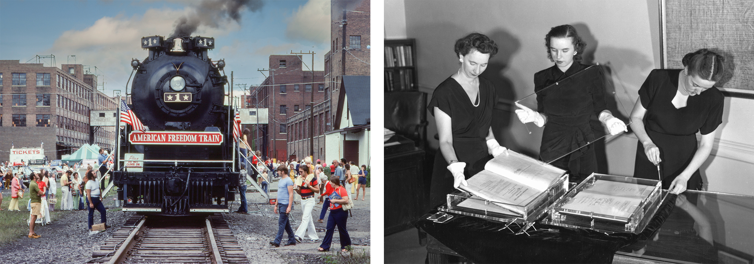 Two photos; left, a steam train engine stopped on tracks with crowds around it; right, three women setting bound documents in Lucite cases
