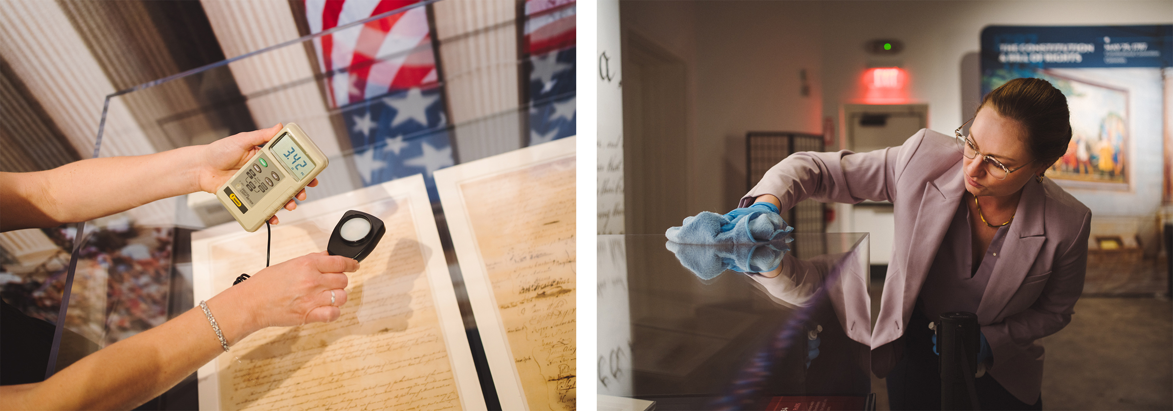 two photos: left, using a light meter over documents in a case; a woman wipe the glass of a exhibit case with a chamois