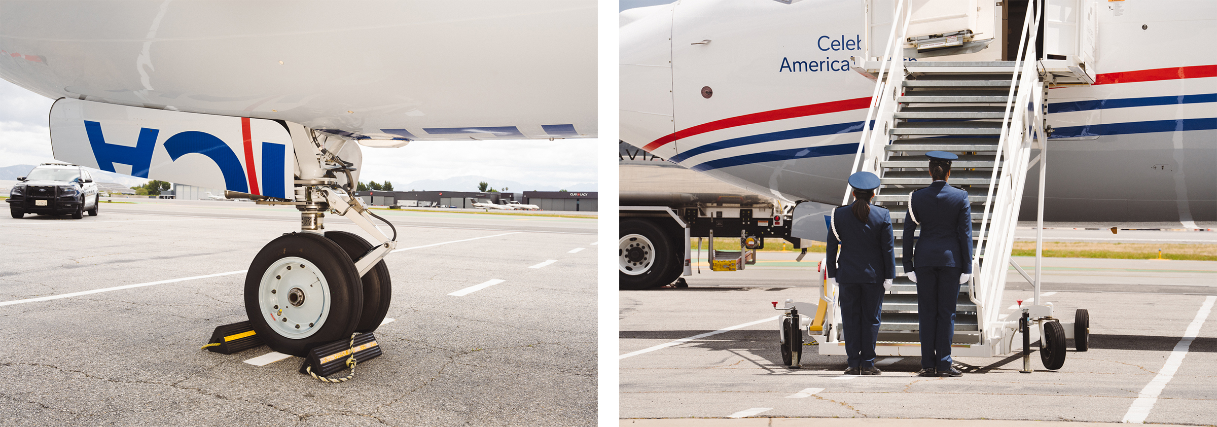 Two images: left, portrait of a landing wheel on a jet; right, two ROTC members with backs turned a base of airplane stairs