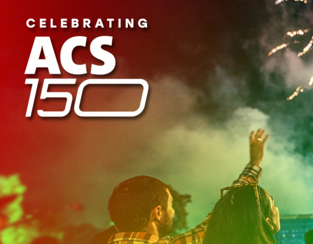 rainbow overlaid photo of people enjoying fireworks, "Celebrating ACS 150" logo in upper left corner