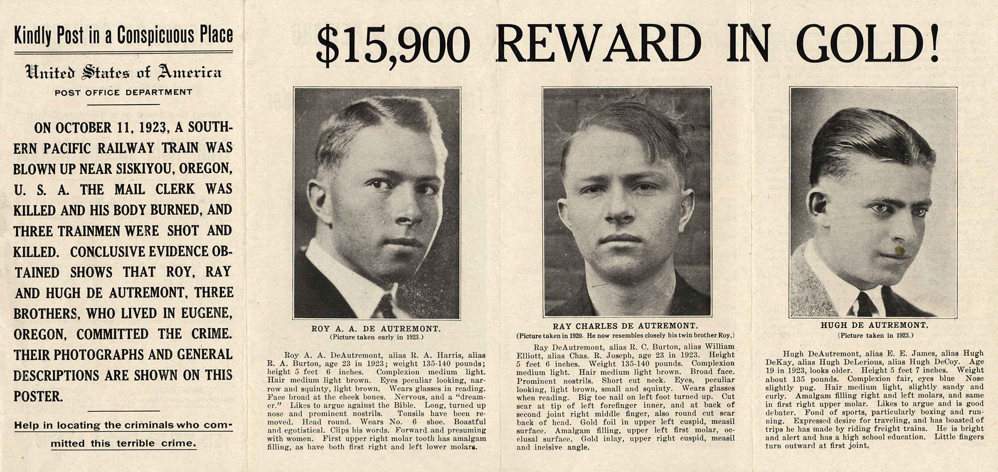 Reward poster with portraits of three men, and instructions for posting the notice and a description of the crime. The headline reads, “$15,900 Reward in Gold!”