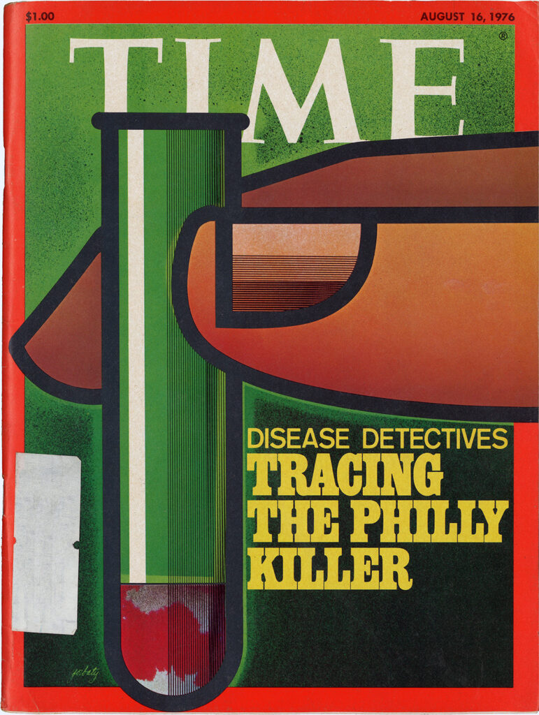 Magazine cover illustration of a hand holding a test tube containing red liquid. The text reads: “Disease Detectives: Tracing the Philly Killer.”